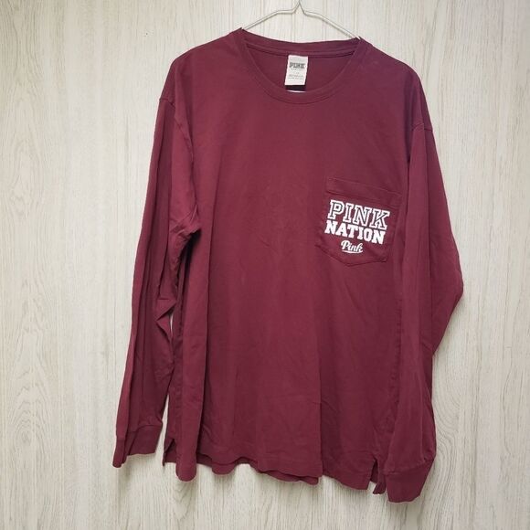 PINK Nation Burgundy Long Sleeve Front Pocket Tee Size Large - Picture 4 of 6